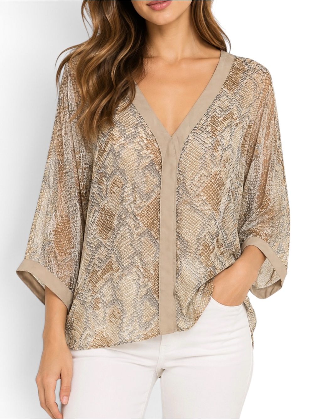 Aaron Ashe Silk Blouse XS Snake Print Sheer Dolman Oversized V Neck